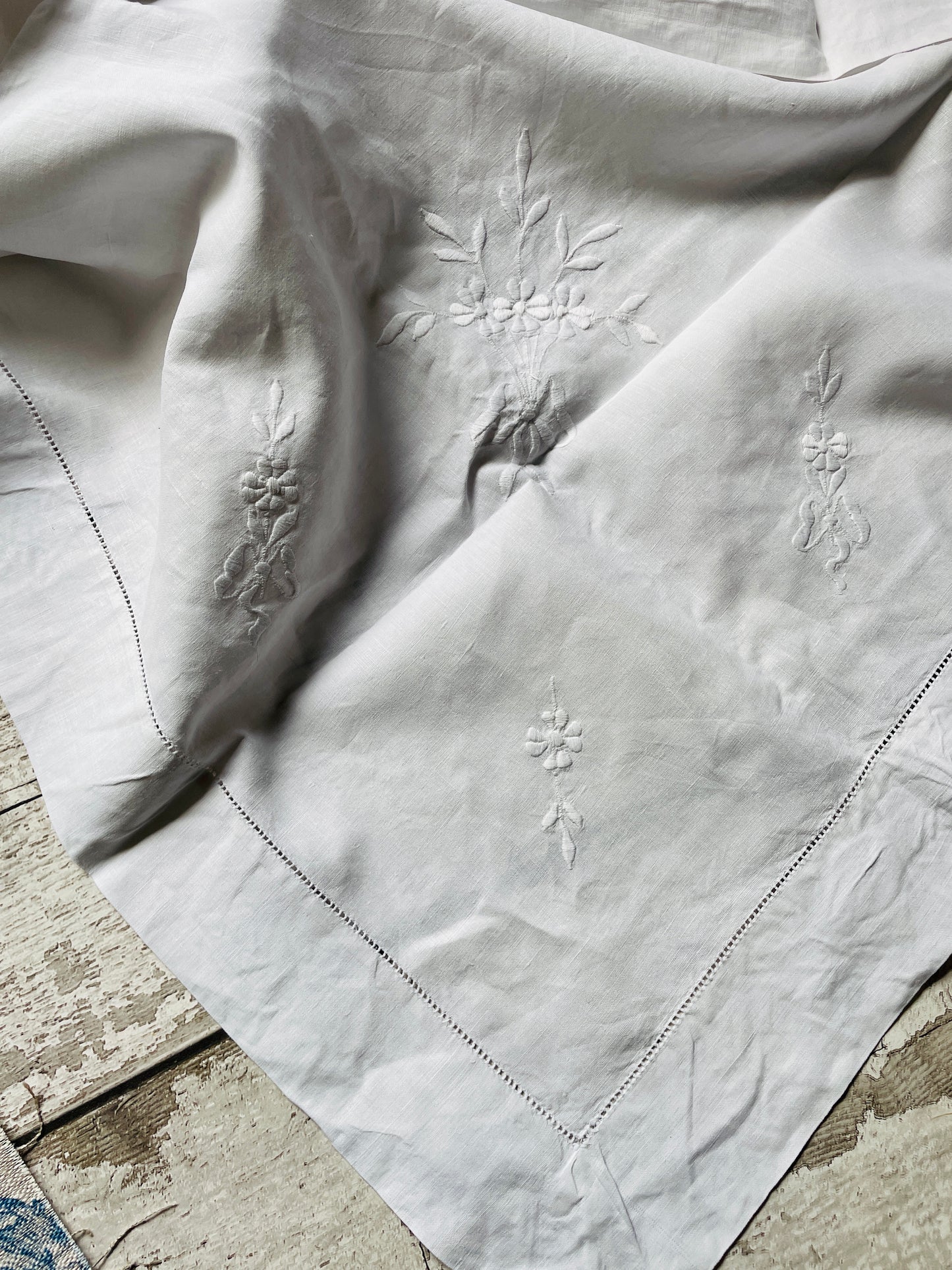 Square White Embroidered Linen Tablecloth