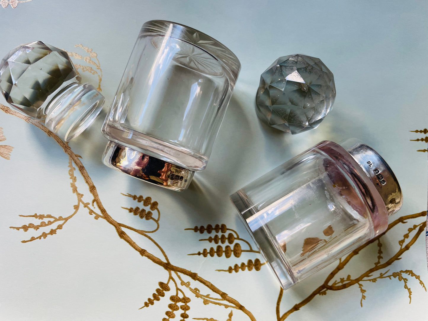 Edwardian Glass Perfume Bottle with Silver band and Cut Glass Top