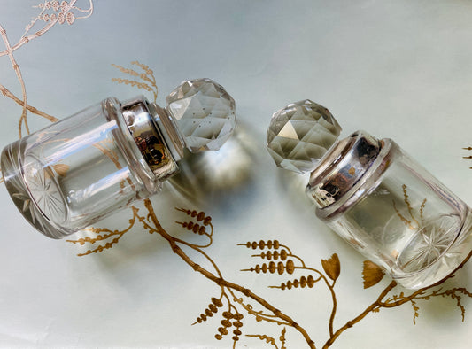 Edwardian Glass Perfume Bottle with Silver band and Cut Glass Top