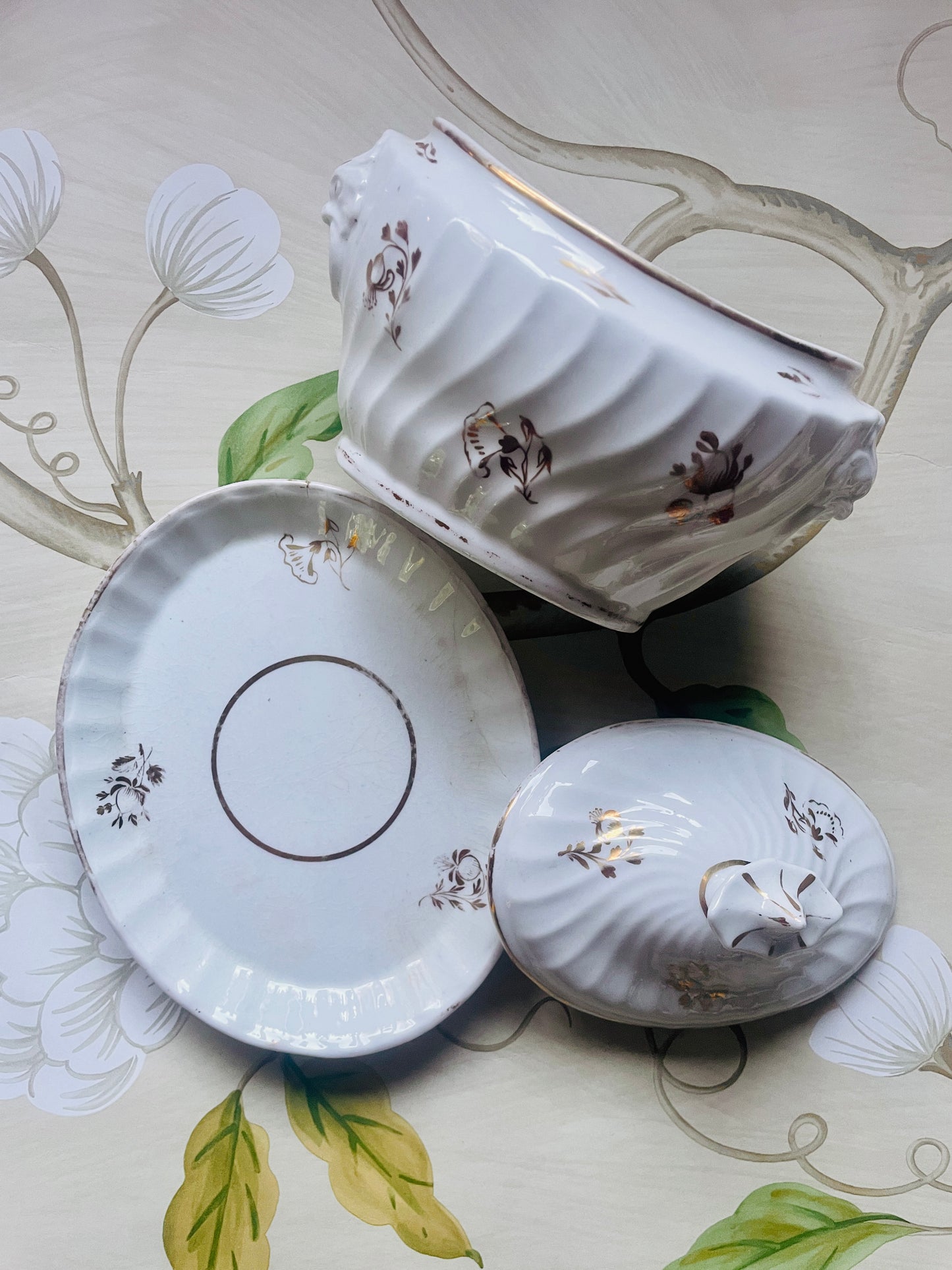 Antique Fluted White Bone China Sucrier