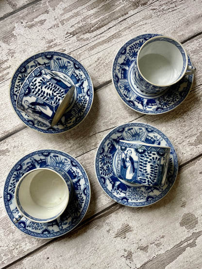 Set of Four Antique Dutch Coffee Cans and Saucers