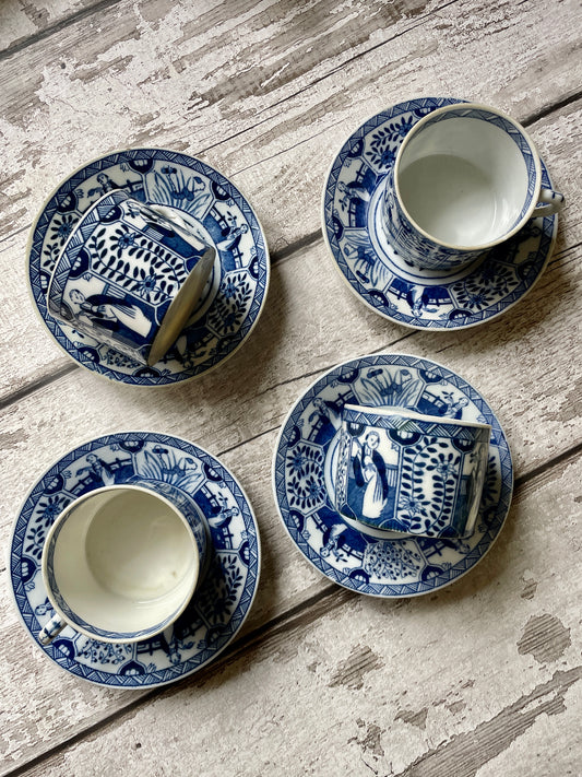 Set of Four Antique Dutch Coffee Cans and Saucers